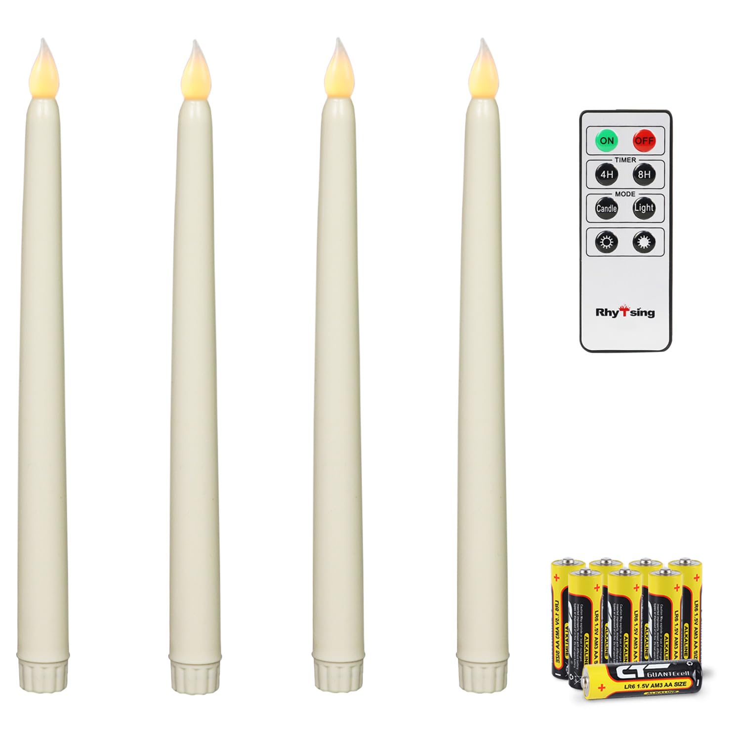 Rhytsing Set of 4 Battery Operated Led Taper Candles with Remote, Ivory Dining Candles Smooth Wax Finish, Warm White LED, Batteries Included
