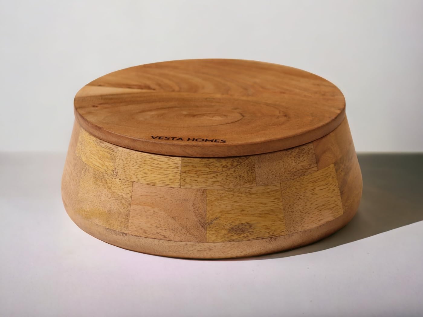 Vesta Homes Wooden Casserole with Lid for Roti, Hot, Masala Box | Serving Bowl for Kitchen and Home | Accessory and Jewellery Box | 23 x 23 × 9 cm | Handcrafted in India