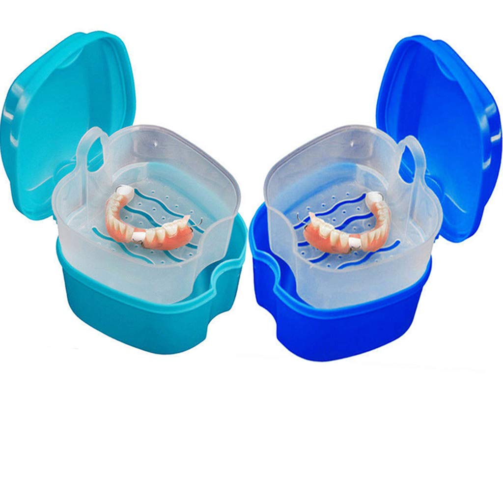 2Pcs Denture Cup with Strainer, Denture Case, Denture Bath Box False Teeth Storage Case Box with Strainer for Travel Cleaning(Light Blue and Blue) : Beauty