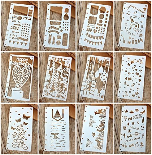 12 Pcs Drawing Painting Stencils Set for Loose Leaf A6 Bullet Journal Diary Notebook 8-Ring Paper Inserts,Plant Animal Building Number Tableware for Adult Children Creation Scrapbooking Craft Projects