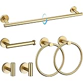 TQKAG Brushed Gold Bathroom Hardware Set 6-Piece Bathroom Accessory Set 23.6 Inch Round Stainless Steel Towel Bar Set Wall Mounted