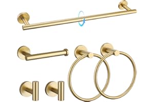 TQKAG Brushed Gold Bathroom Hardware Set 6-Piece Bathroom Accessory Set 23.6 Inch Round Stainless Steel Towel Bar Set Wall Mounted