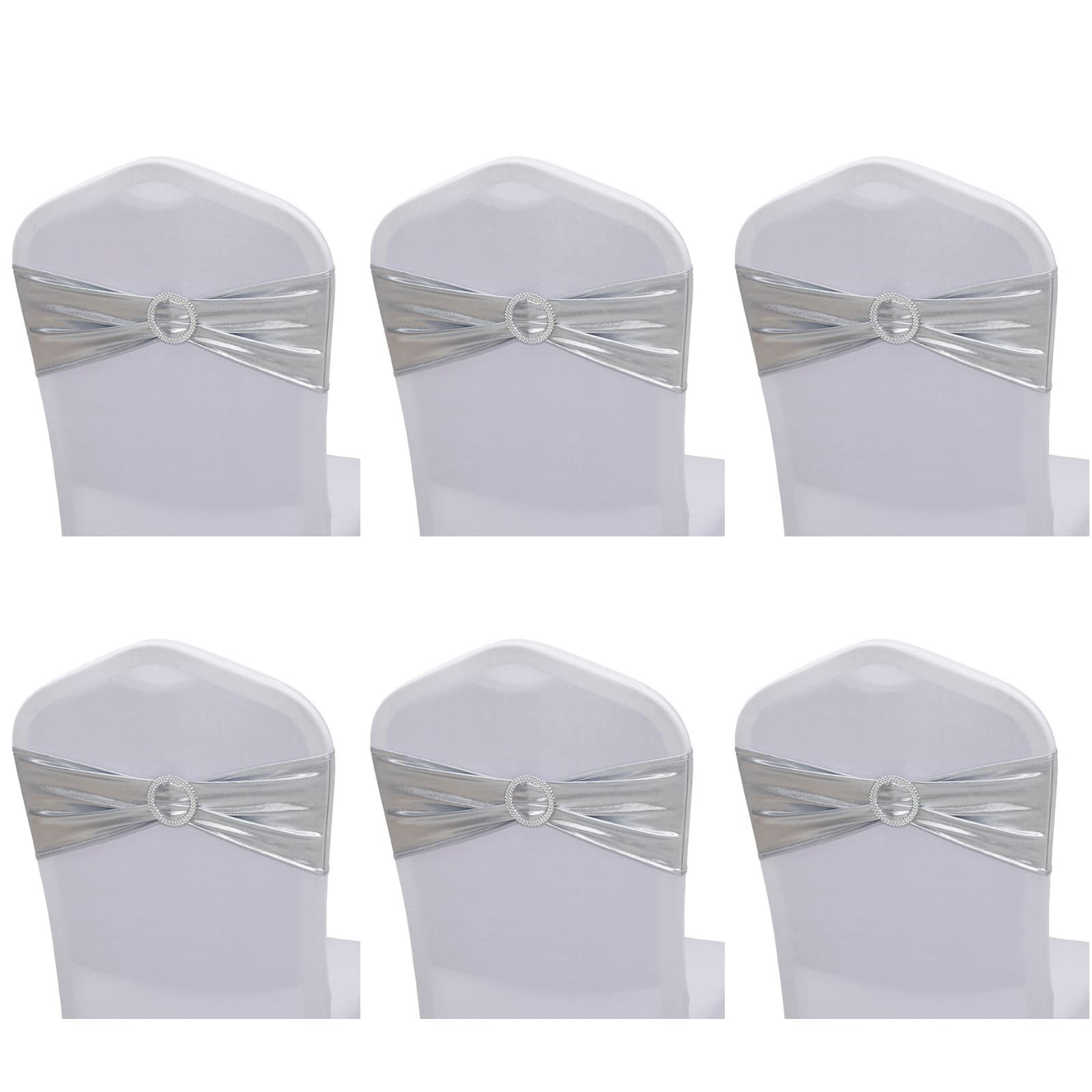 CHENGZI 6 PCS Stretch Chair Sashes Stretch Chair Bows for Chair Back for Wedding Party Hotel Event Decoration (Silver)
