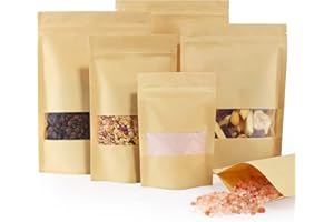 FireKylin 100 Pcs Kraft Paper Bags with Window, 4.7" x 7.9" Stand Up Pouches, Zip Lock Food Storage Bags for Packaging Products, Reusable, Sealable