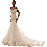 Zeeyecie Off Shoulder Tulle Wedding Dresses Mermaid Lace Applique V-Neck Sparkly Bridal Gowns with Train for Brides