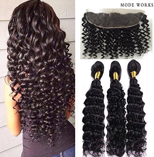 Deep Wave Brazilian 7A 13"x4" Lace Frontal Deep Curly 100% Human virgin Hair 3 bundles 350g (16"18"20"+16")