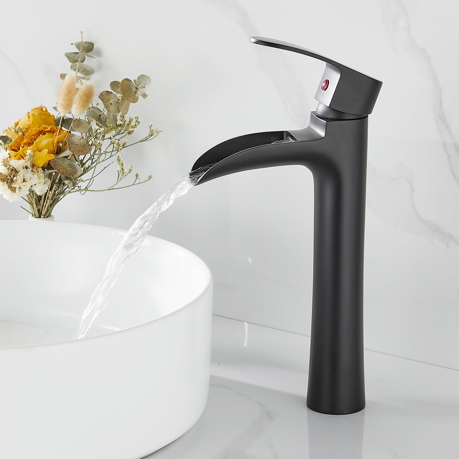 Ankoory Waterfall Bathroom Basin Mixer Tap, Tall Bathroom Sink Taps for Counter Top Basin, Monobloc Washroom Sink Faucet, Retro High Rise Basin Mixer with Flexible Tails, Solid Brass (Matte Black)