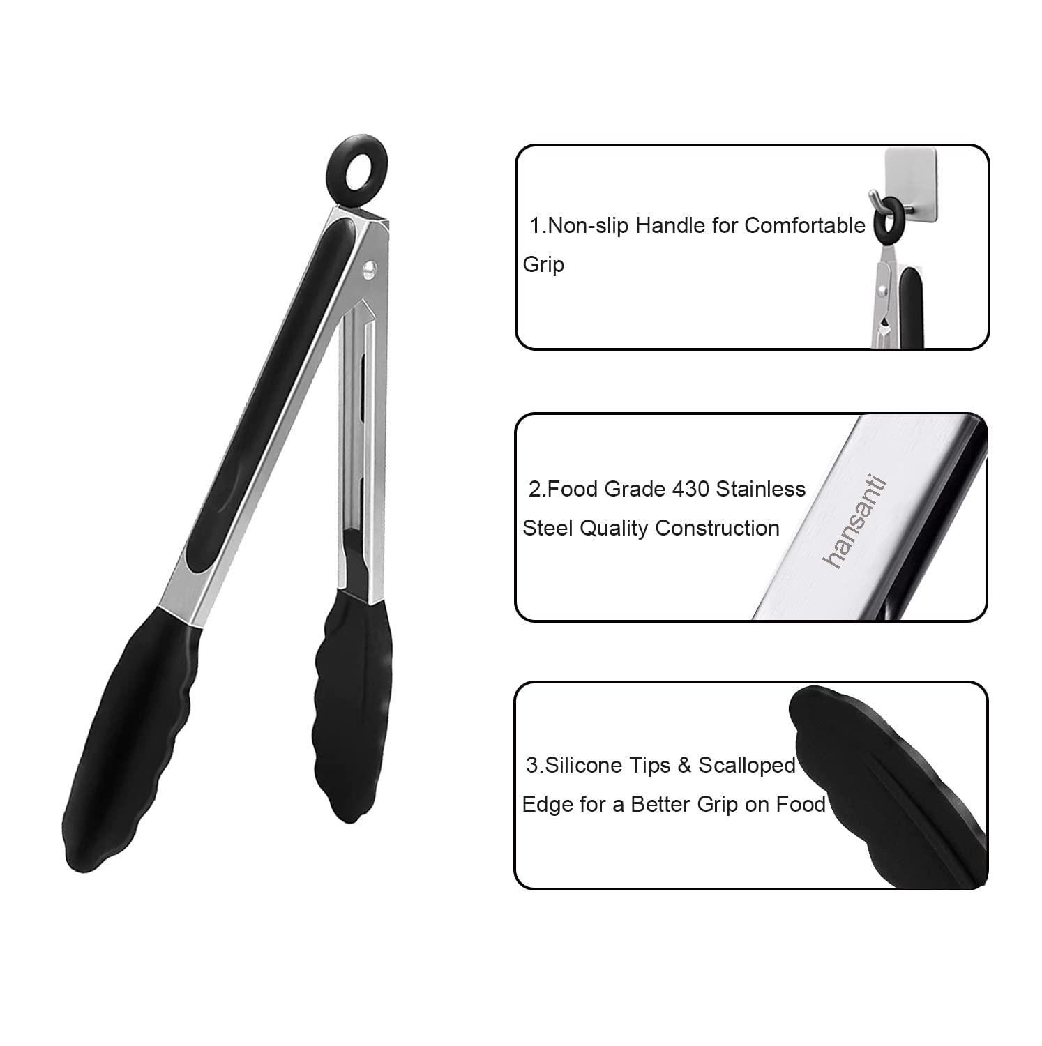 3in1 Silicone Kitchen Cooking Tongs Set, Stainless Steel Nonstick Food Tong with BPA Free Silicone Tips for Serving Spaghetti Steak Pizza Salad Vegetable Fruit Grilling BBQ Baking Buffet- (9