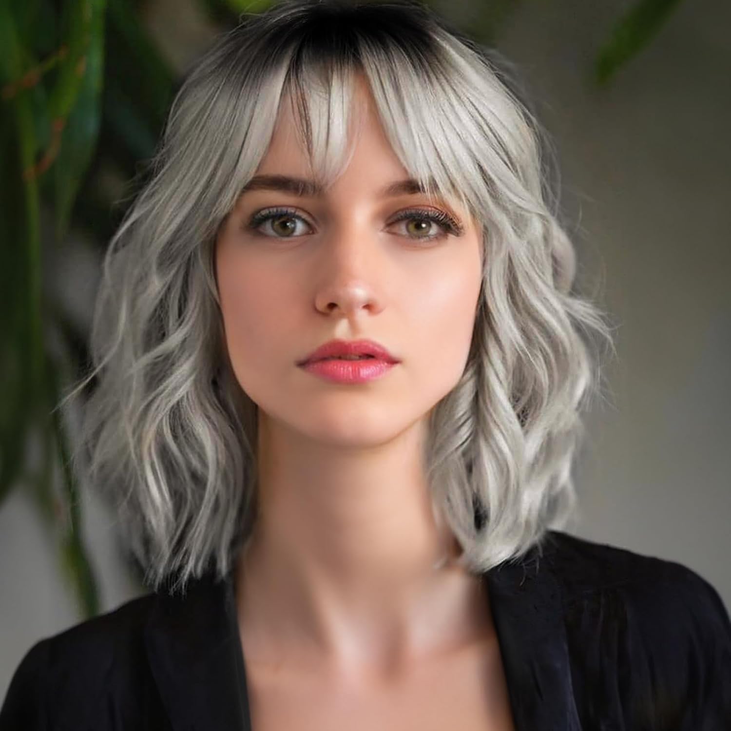PORSMEER Short Pastel Wavy Bob Ombre Silver Wig with Fringe Natural Looking Synthetic Hair Grey Wigs for Women Girls Party Or Daily Wear — image 1