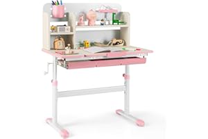 Costzon Kids Study Desk, Height Adjustable Children School Desk with Storage, Tilt Desktop, Pen Holder & Scale Ruler, Student Computer Desk Writing Table for Home School Use, Desk for Kids (Pink)