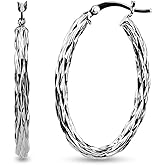 LeCalla 925 Sterling Silver Hoop Earrings for Women | Diamond-Cut Hoop Earrings | Oval & Round Shape Twisted Texture Earring Hoops