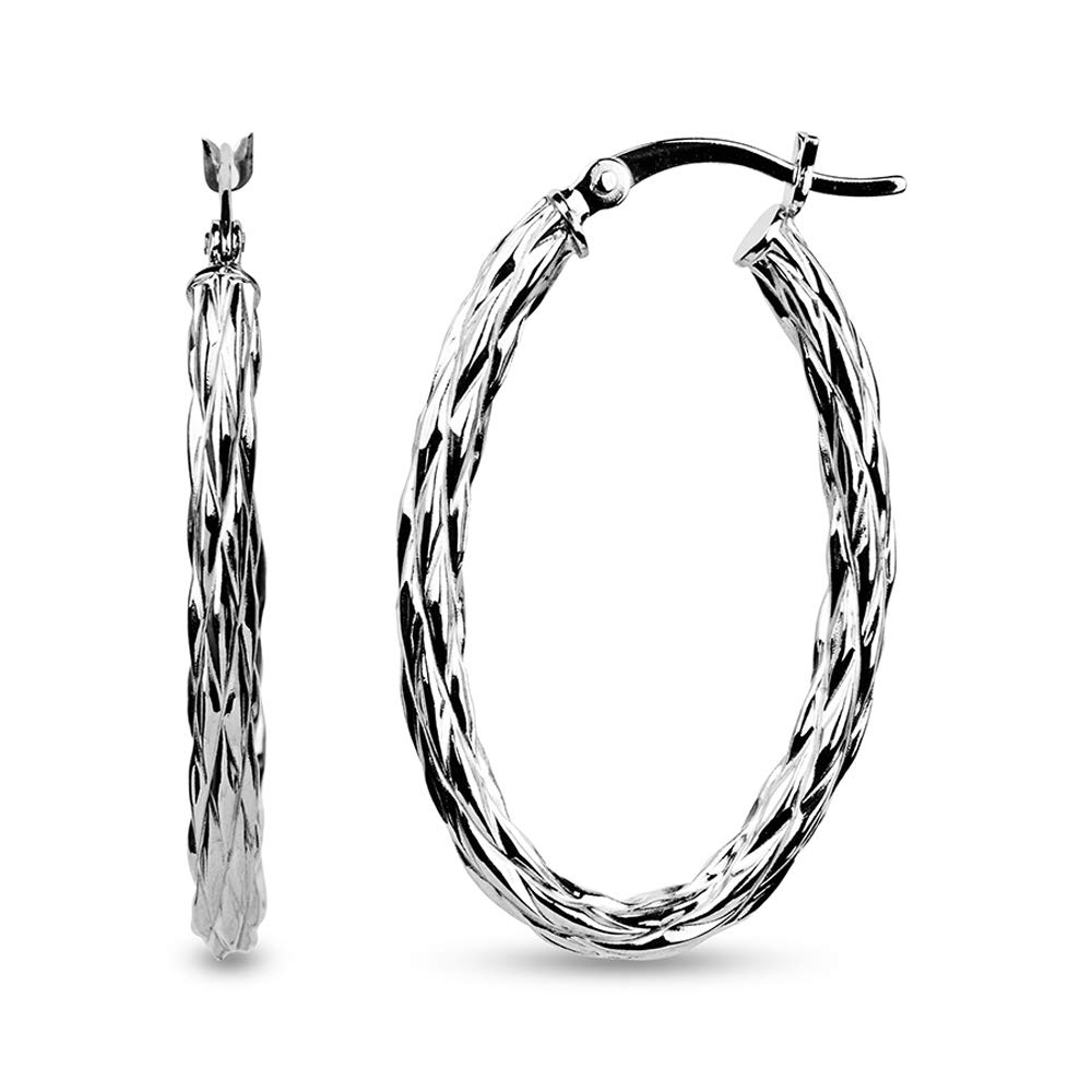 LeCalla 925 Sterling Silver Textured Hoop Earrings for Women | Rhodium-Plated Diamond-Cut Hoops Earring | Oval Shape Click-Top Hoop Earring 35MM