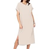 Womens Casual T Shirt Dress Summer Fall Crewneck Loose Fit Side Split Knee Length Dress Ribbed Pattern with Pockets