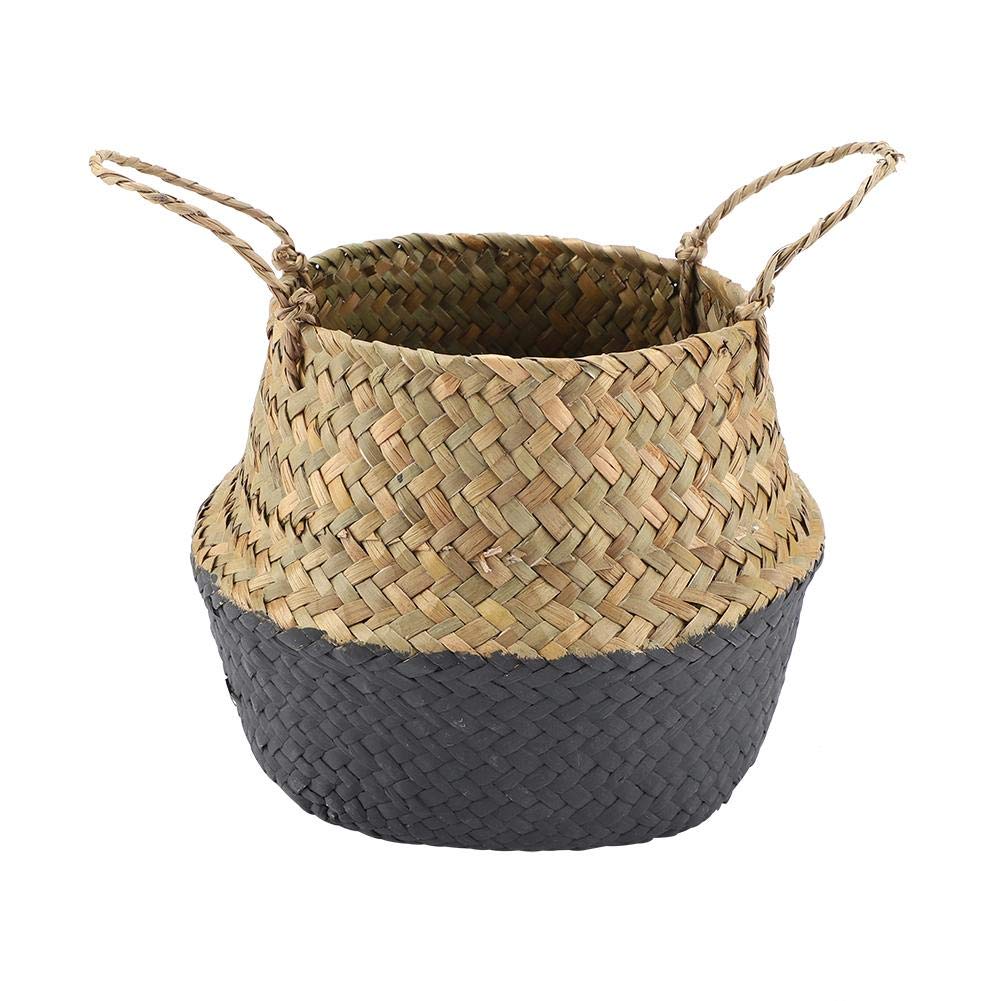 Natural Seagrass Basket, Foldable Woven Clothes Belly Basket Flower Plant Pot Storage Organizer with Handles(Black)