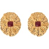 DIAMANTIO 18K Gold Plated Vintage Textured Stud Earrings for Women – Retro Hammered Disc with Red Center Stone – Statement Chunky Earrings – Classic Bold Jewelry Gift