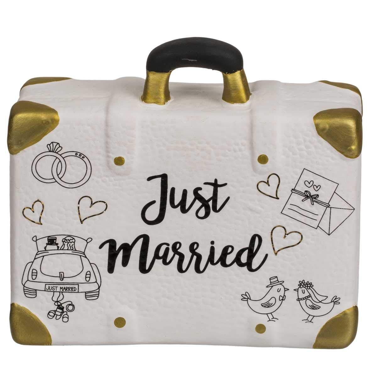 ootb Savings Box, Suitcase, just Married, Ceramic, White & Gold, Dimensions: 14 x 13 x 5 cm 719206