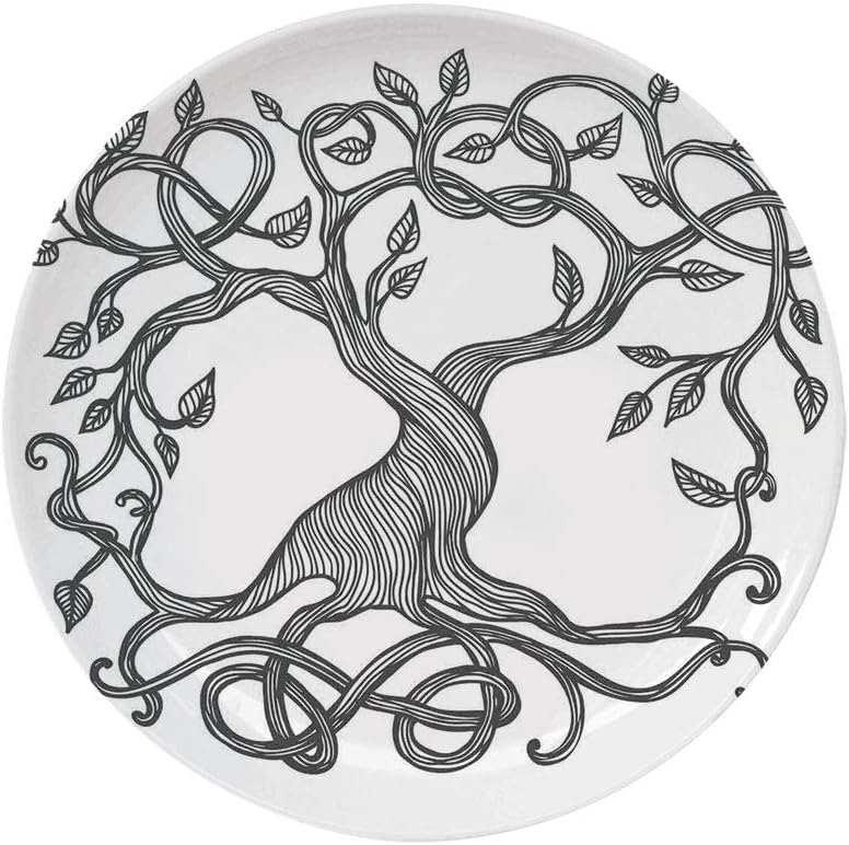 Ylljy00 Celtic 8" Dinner Plate,Sketchy Figure of A Single Celtic Tree of Life with Swirly Long Branches and Roots Ceramic Decorative Plates,Dining Table Tabletop Home Decor,Black White