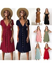 Longwu Mujer Casual manga corta cuello en V Botón Abajo verano Swing vestido de Midi con bolsillos