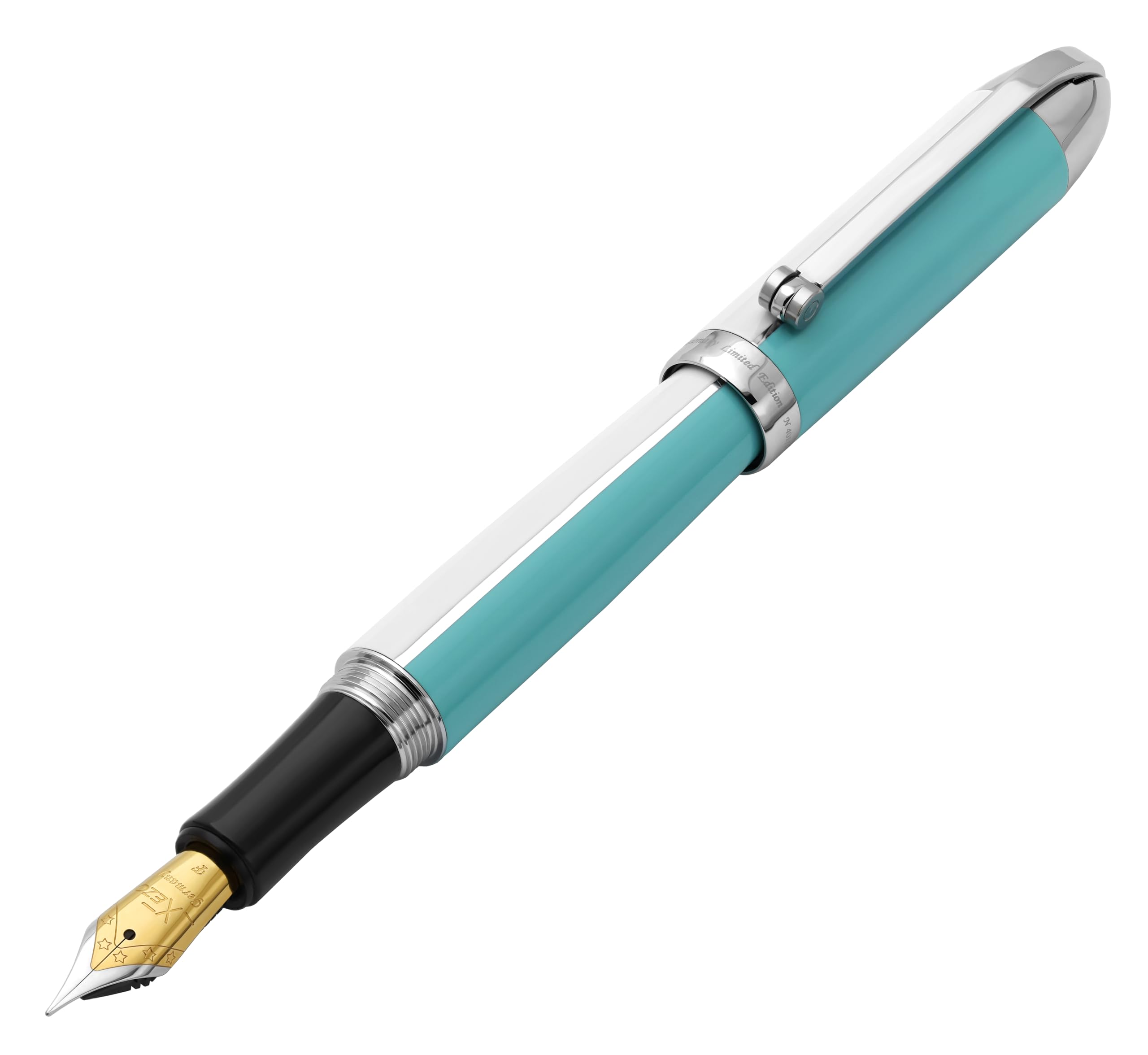 Xezo Visionary Brass and Aluminum Fountain Pen, Fine Nib. Hand Lacquered in Sky Blue and White. Numbered in Limited Edition of 500. Classic Art Deco Color Disposition, Retrofuturistic Body Style