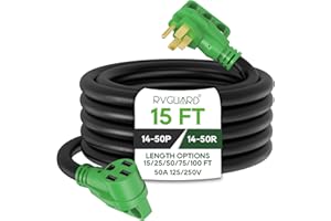 RVGUARD 50 Amp 15 Foot RV/EV Extension Cord, NEMA 14-50P/R Heavy Duty Extension Cord with LED Power Indicator and Cord Organizer, Green, ETL Listed