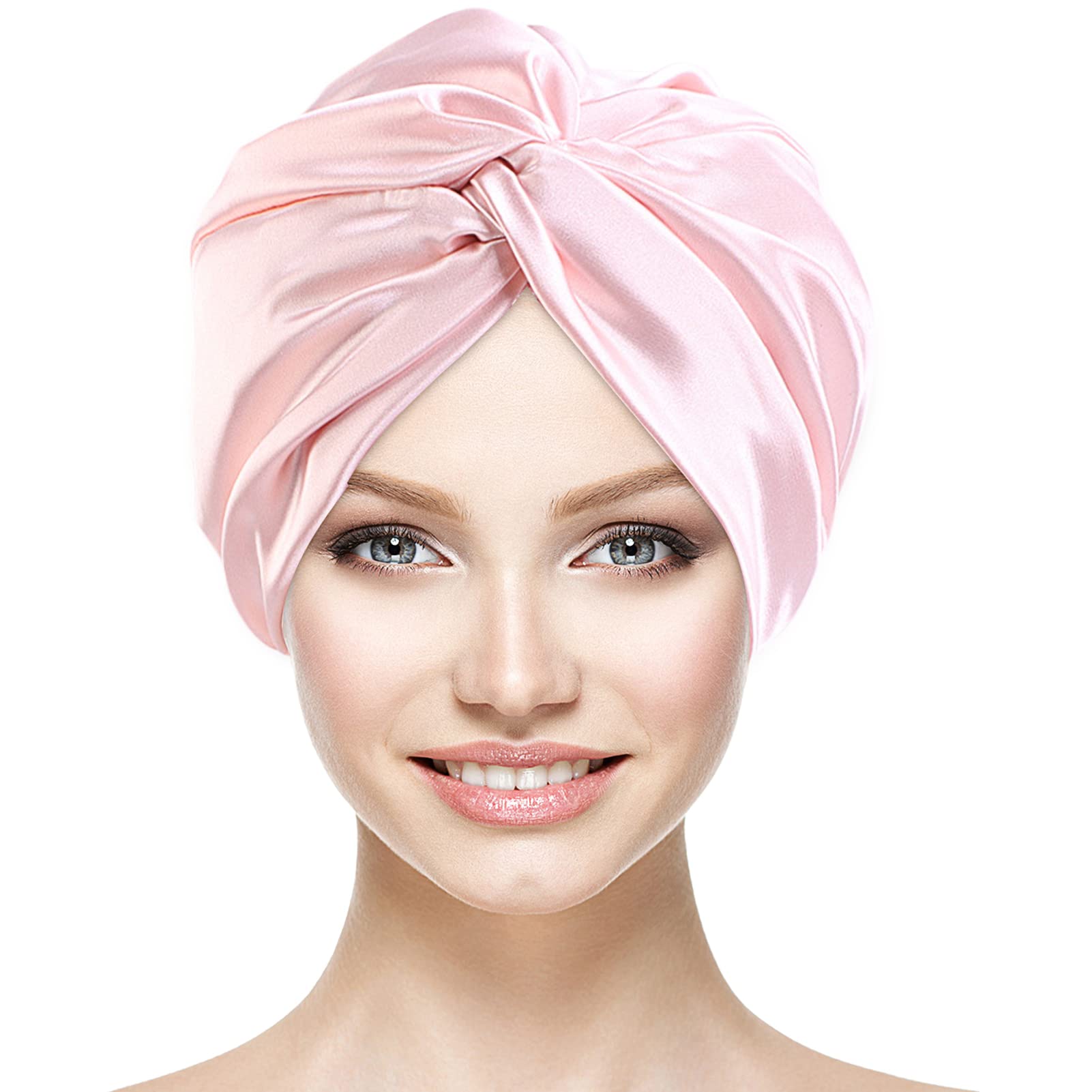 Hair Wrap for Sleeping Satin Sleep Bonnet Double-Sided Sleep Cap Hair Turban for Curly Hair Women Sleep Cap with Elastic Bow Stay On Head – Pink — image 1