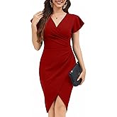 ZonJie Women's Sexy V Neck Ruffle Sleeve Faux Wrap Ruched Bodycon Dress Cocktail Party Work Wedding Guest Dresse