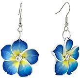 Floral Dangle Earrings for Women Hawaiian Tropical Plumeria Rubra Flower Drop Earrings with Cubic Zirconia Luau Beach Party Vacation Hawaiian Accessories Jewelry Gift
