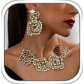 Dmaiy Leopard Print Necklace and Earrings Gold Geometric Necklace Set African Statement Earring Vintage Chunky Choker for Women