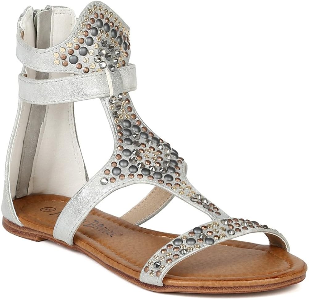 Amazon.com | Women Metallic Leatherette Jewel Pattern Flat Sandal BB37 - Silver (Size: 6.0) | Flats