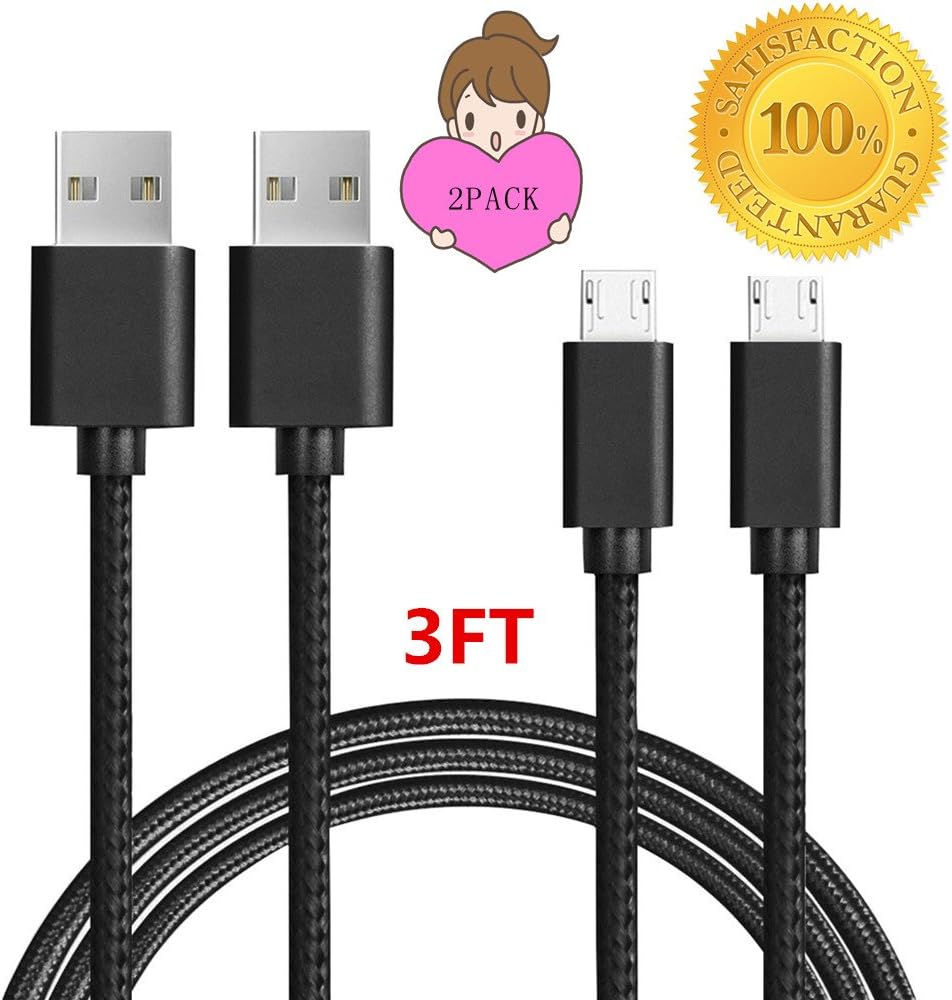 Sogola Power Line Micro USB Cable, Nylon Braid High Speed 2.0 USB to Micro USB Charging Cables Android for Samsung Galaxy S7 Edge/S6/S5/S4,Note 5/4,HTC,LG,Tablet - 2 PACK 3FT Black