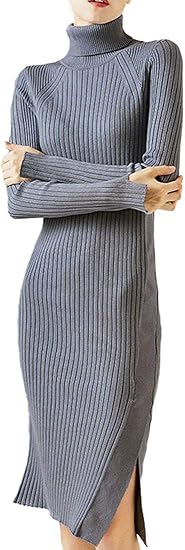 Amazon アイカ リブニット タートルネック 膝丈 タイト ワンピース ニットワンピース スリット 長袖 厚手 レディース 1サイズ M L相当 グレー ワンピース チュニック 通販