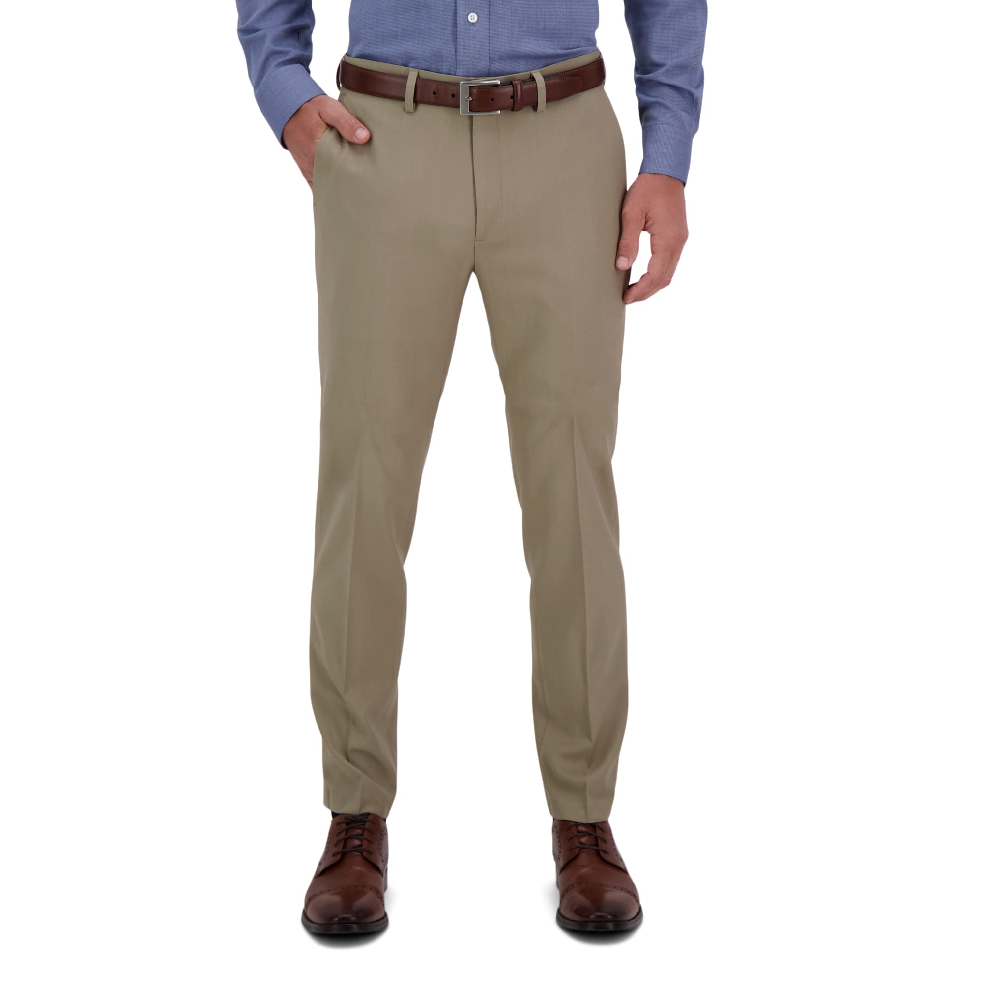 Haggar Men's Premium Comfort Dress Slim Fit Flat Front Pant, Medium Khaki, 34W x 34L Image