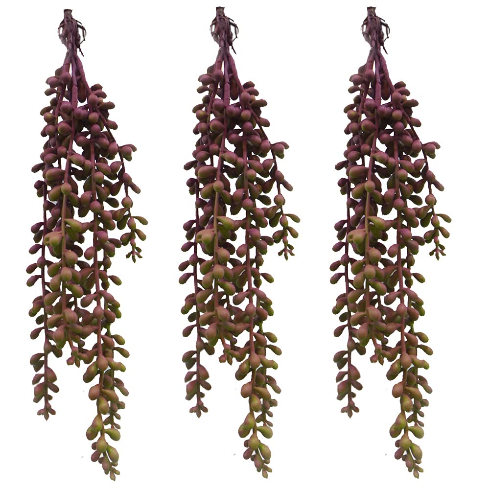 FLIPPED 3 Pack Artificial Plant Succulent Plants Hanging String Pearls Plant Fake Lover Tears Plants (Purple&13.7 in)