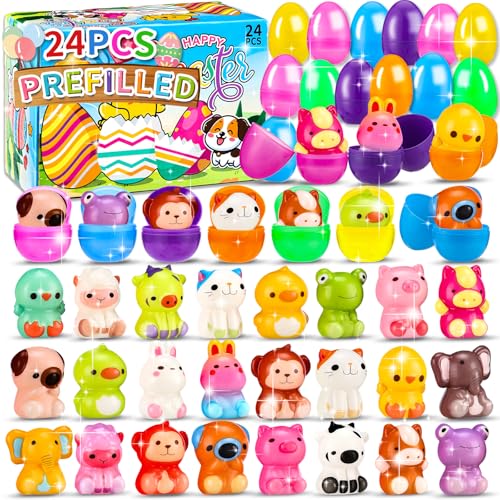 Zunaco 24 Pcs Prefilled Easter Eggs for Kids with Animal Squishy Toys, Easter Eggs Filled for Egg Hunt, Basket Stuffers & Goodie Bag Fillers, Classroom and School Prize Supplies