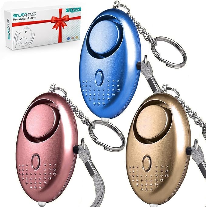 Personal Safety Alarms for Women, 3 Pack Reusable Police Approved 140DB Loud Alarm with LED Light, Small Personal Security Alarm Torch Keychain for Women, Girls, Children and Elderly (Gold/Blue/Rose)