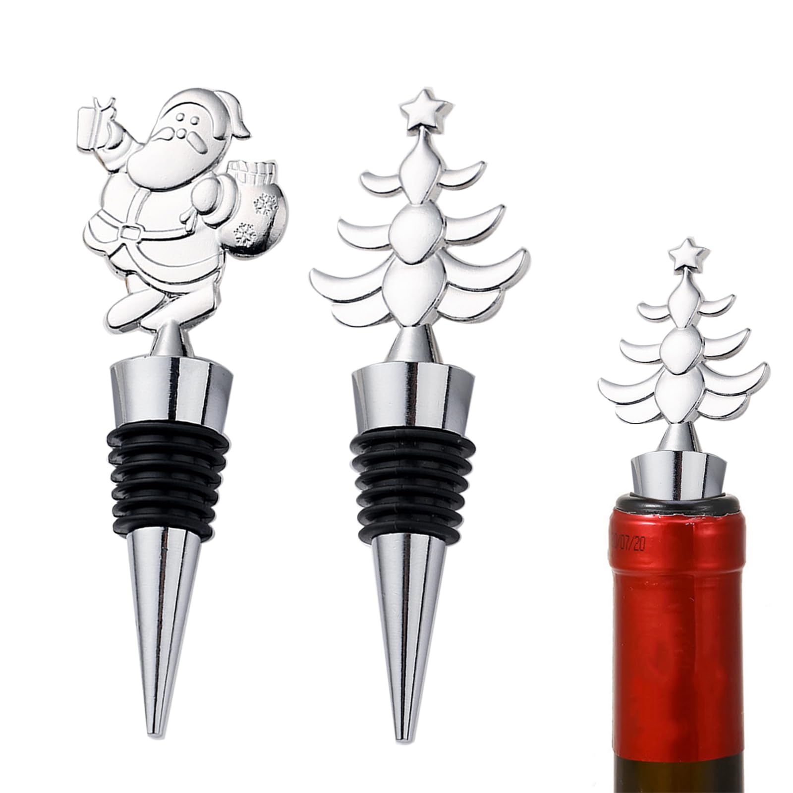 SUNTRADE Christmas Wine Bottle Stoppers, Wine stoppers for Christmas Decorative, Xmas Wine Corker Stoppers,Wine Bottle Sealer,Set of 2 (Silver)