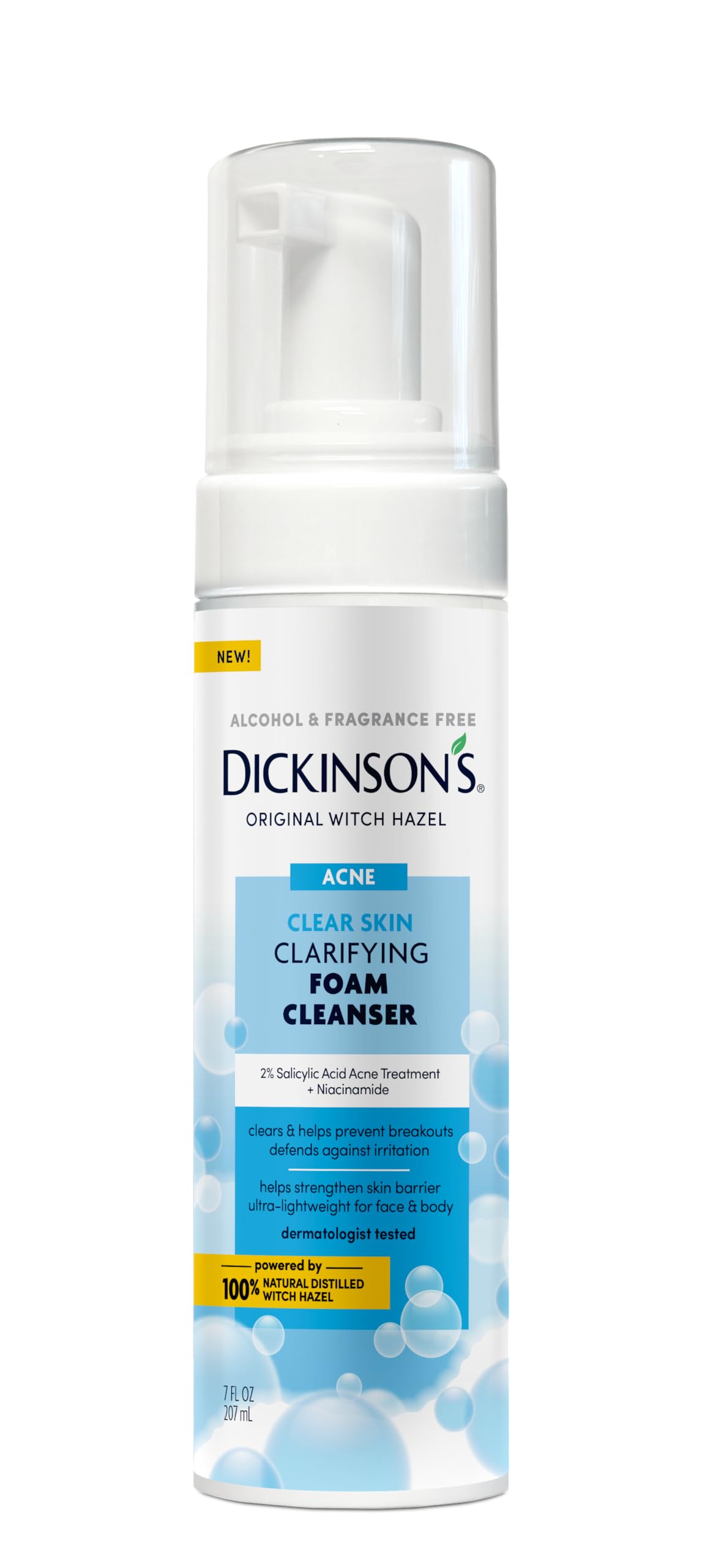 Dickinson's Witch Hazel Acne Foam Cleanser with 2% Salicylic Acid, Niacinamide & Tea Tree | Alcohol-Free, Fragrance-Free | Gentle Daily Face Wash for Clear Skin | 7 Fl Oz