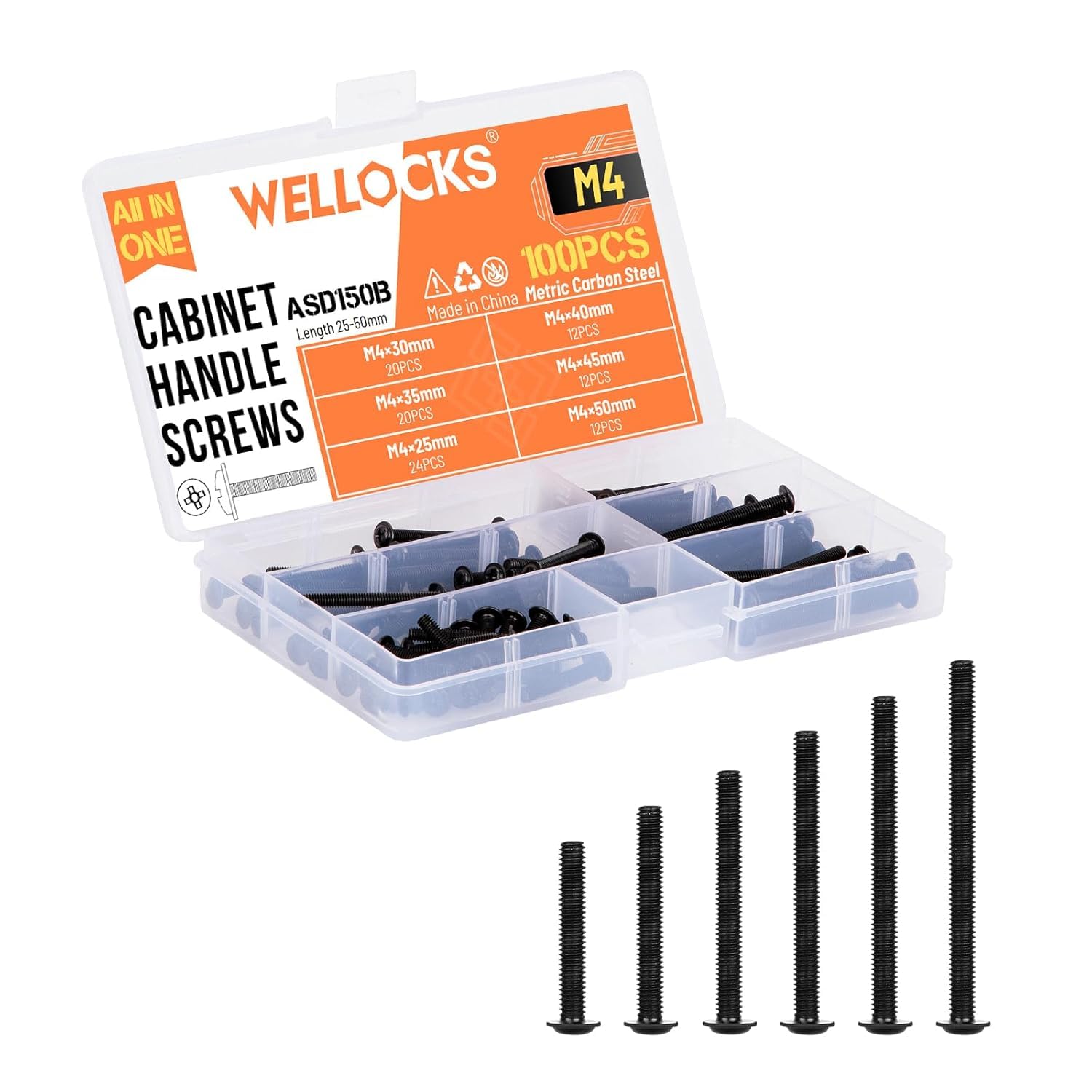 WELLOCKS Cabinet Handle Screws | M4 25-50mm Machine Screws Assortment | Pan Washer Head Metal Phillips Kit | for Cabinet Drawer Cupboard Closet Pulls Knobs (ASD150B) | Black Zinc | 100 PCS — image 1