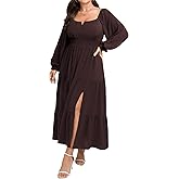 SCOMCHIC Womens Plus Size Formal Dress Fall Long Sleeve Square Neck Flowy A Line Tiered Side Split Wedding Guest Maxi Dress