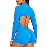 Women Long Sleeve Jumpsuit Zip Up Bodysuits Yoga Workout Unitards Bodycon One Piece Open Back Romper