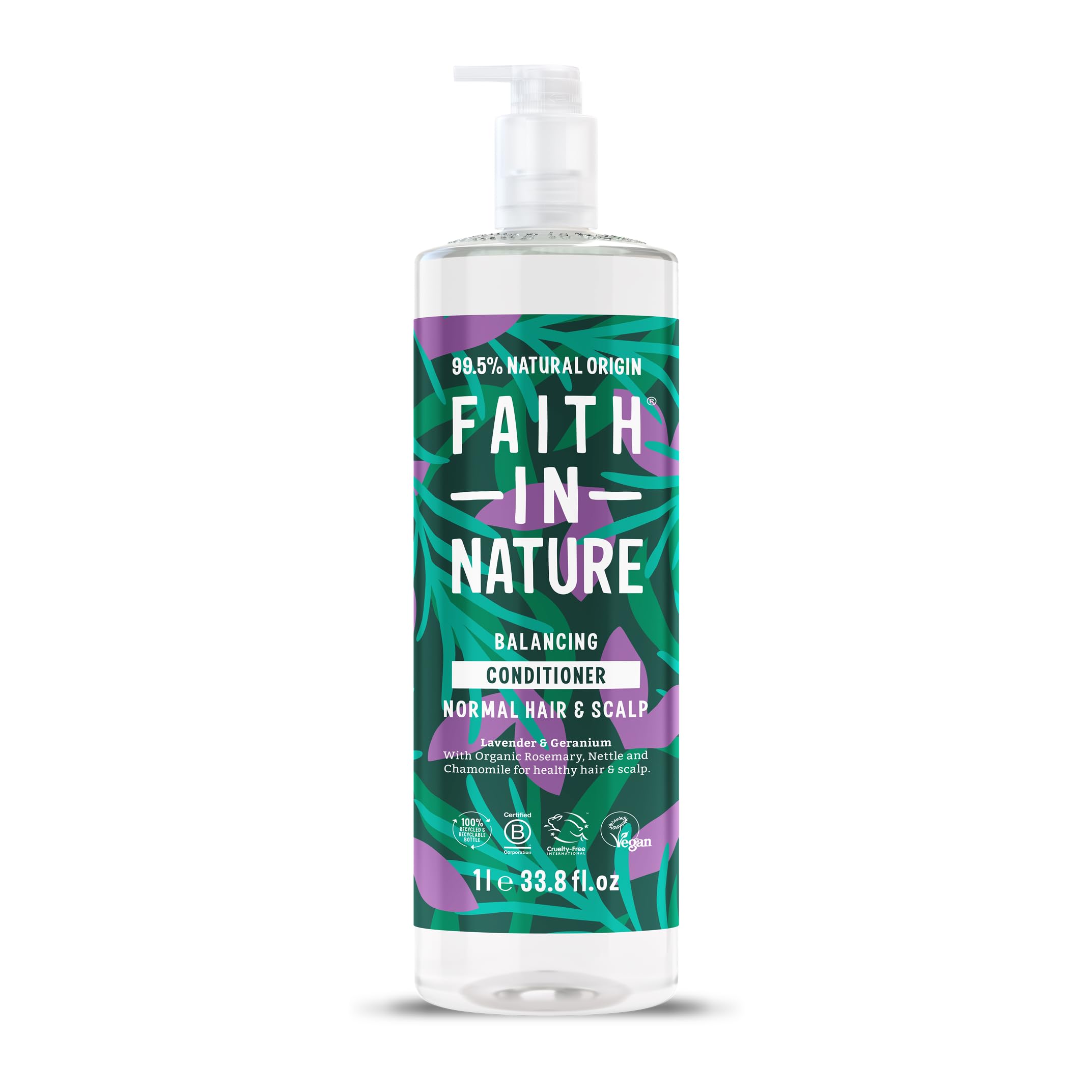 Faith In Nature 1L Natural Lavender & Geranium Conditioner, Balancing for Normal Hair & Scalp, Vegan & Cruelty Free, No SLS, Silicones or Parabens, Family Sized