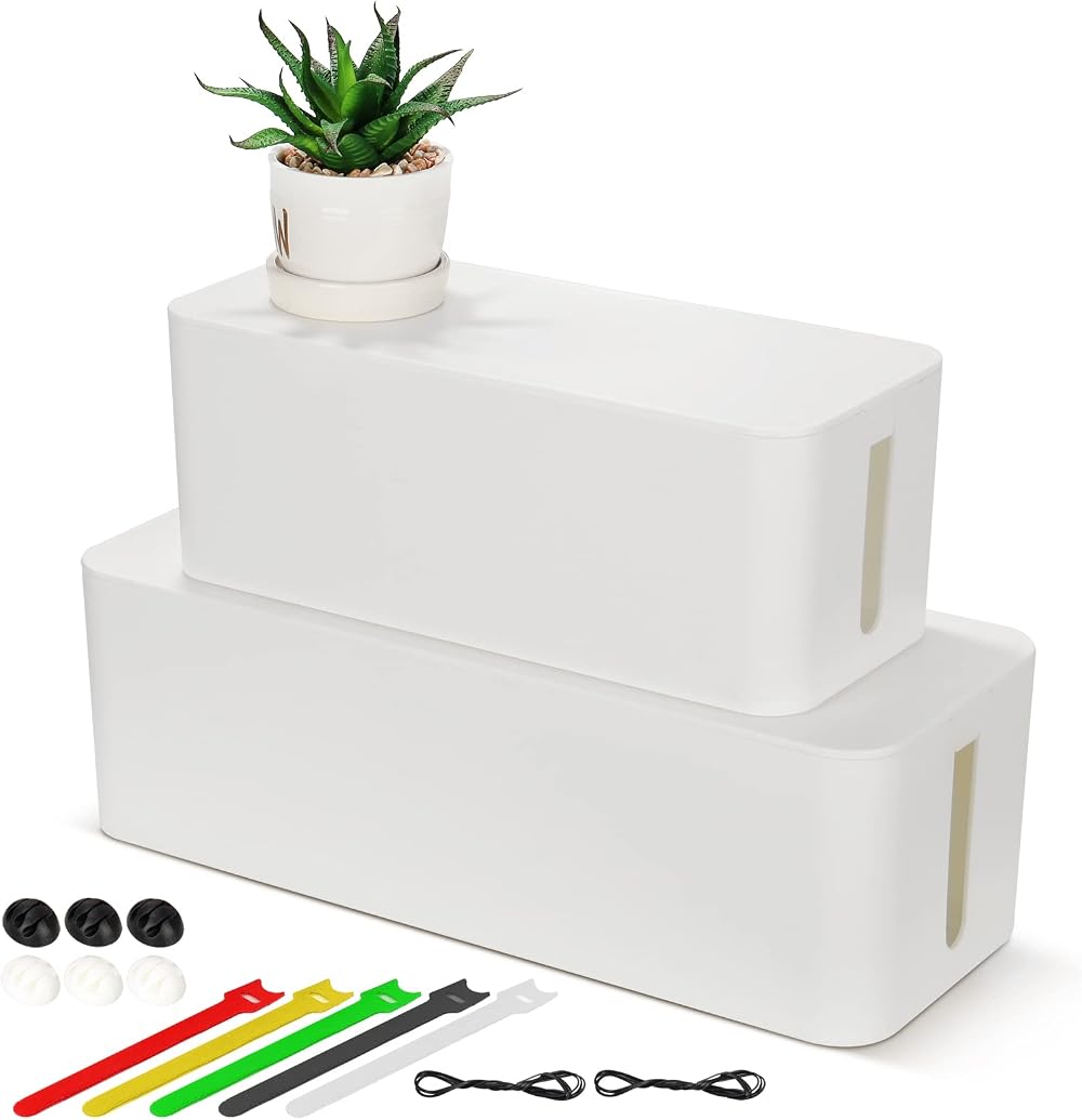 SMRONAR Cable Tidy Box 2 Set White ABS Large Organizer for Desk Wire Management