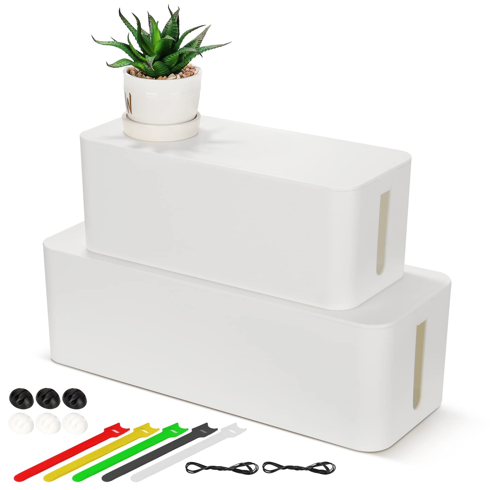 Cable Tidy Box, 2 Sets of Larger Cable Organizer Box White ABS Material for Hiding Messy Cables Wire Management Storage 16"x 6.2"x 5.4" and 12.6"x 5.3"x 5.1