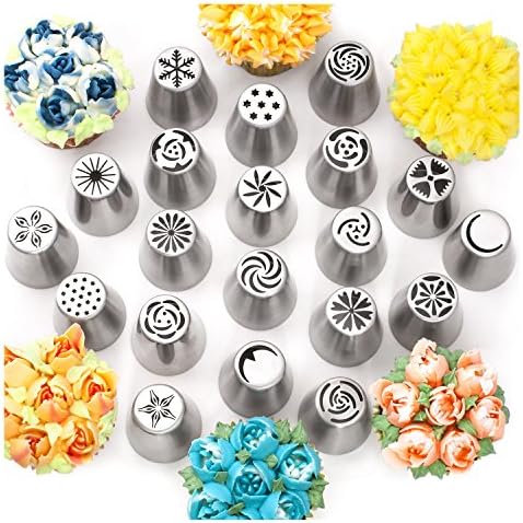 Russian Piping Tips Set, 20 Stainless Steel Nozzles, 5 Bags and Coupler