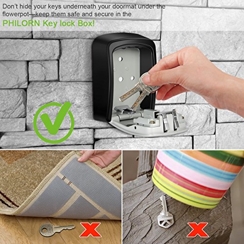 PHILORN Key Lock Box, 4-Digit Combination Lockbox | Resettable Code - Weatherproof - Wall or Door Mounted | Top Security, Ultra-Sturdy Key Safe for Jewelry, Card, House Key Storage