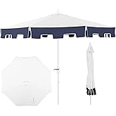 JONATHAN Y UMB1000A Baiona 9 ft. Classic MidCentury Market Patio Umbrella with UV Protection, Auto-Tilt, Crank and Wind Vent in White/Navy