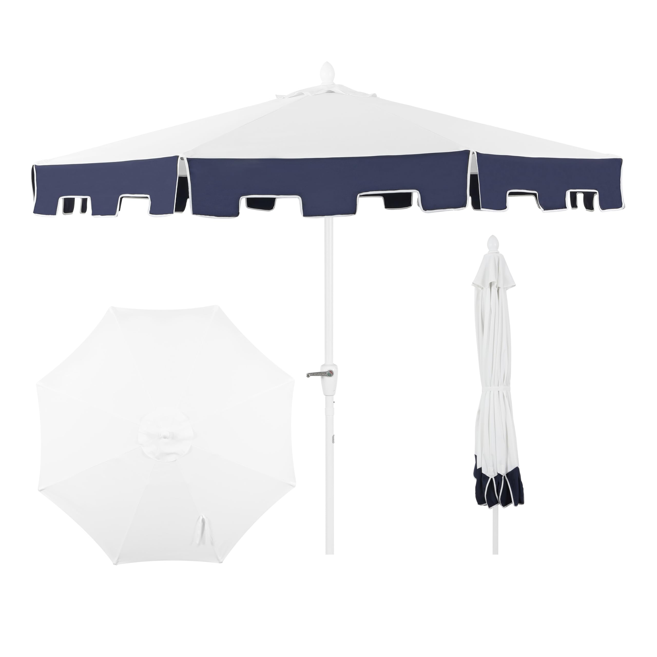Photo 1 of JONATHAN Y UMB1000A Baiona 9 ft. Classic MidCentury Market Patio Umbrella with UV Protection, Auto-Tilt, Crank and Wind Vent in White/Navy