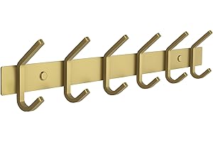 SAYONEYES Brushed Gold Wall Mounted Coat Rack – 17 Inch Stainless Steel Rail with 6 Double Coat Hooks for Entryway, Bathroom, Bedroom, Kitchen – Modern Gold Hook Rack for Coats, Hats, Towels