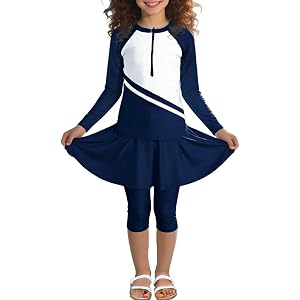 Girls Modest Swimsuit 2 Piece UPF 50+ Long Sleeve Rash Guard with Skirted Top+ Capri Pants Kid Color Block Swimwear
