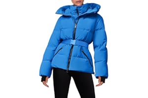 Fisoew Womens Ski Jacket Warm Hooded Insulated Waterproof Quilted Puffy Mountain Snow Winter Coat with Belt